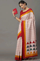 Bhagalpuri Silk Cream Printed Designer Saree With Blouse