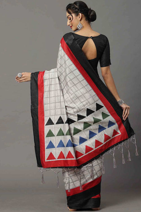 Bhagalpuri Silk Grey Printed Designer Saree With Blouse