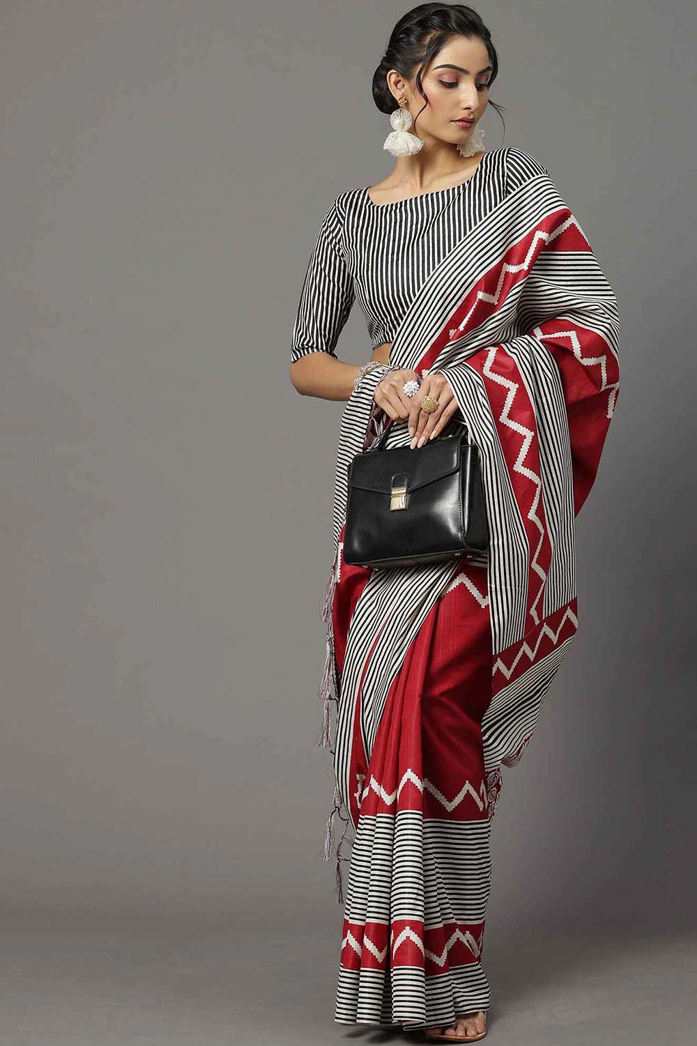 Bhagalpuri Silk Red And Black Printed Designer Saree With Blouse
