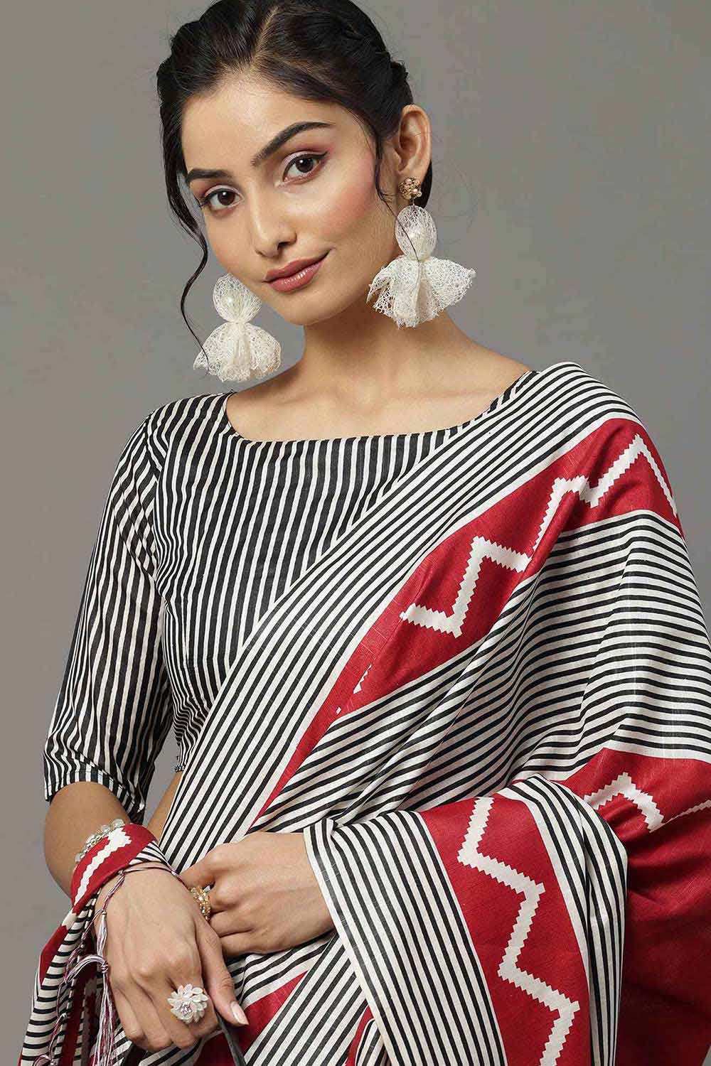 Bhagalpuri Silk Red And Black Printed Designer Saree With Blouse