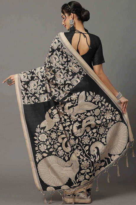 Bhagalpuri Silk Black Printed Designer Saree With Blouse