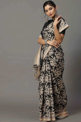 Bhagalpuri Silk Black Printed Designer Saree With Blouse