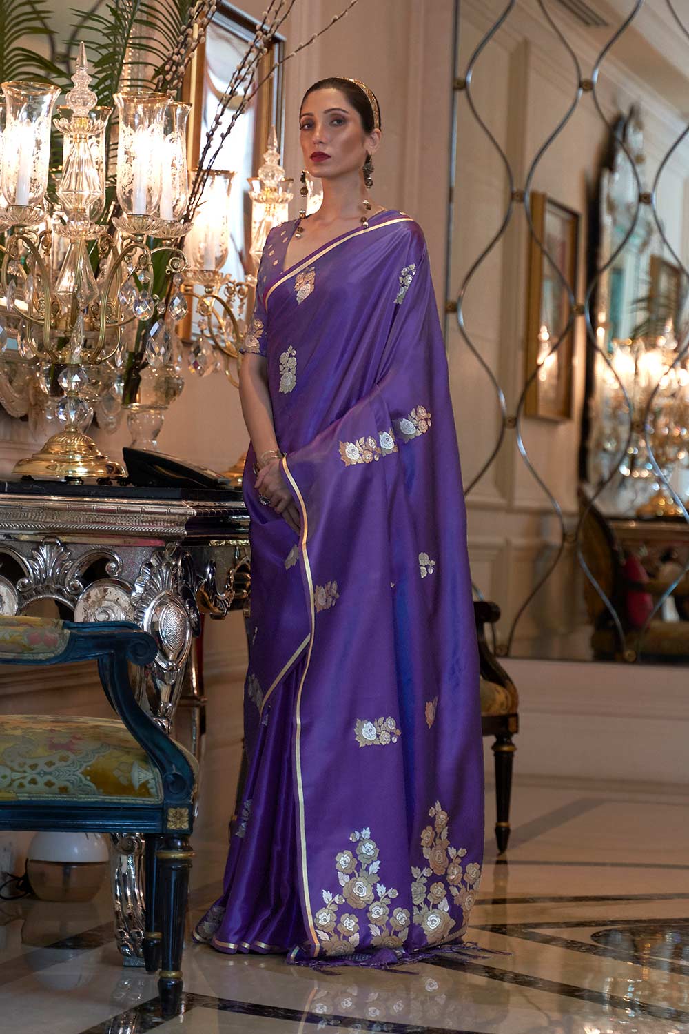 Purple Satin Weaving Art Silk Saree