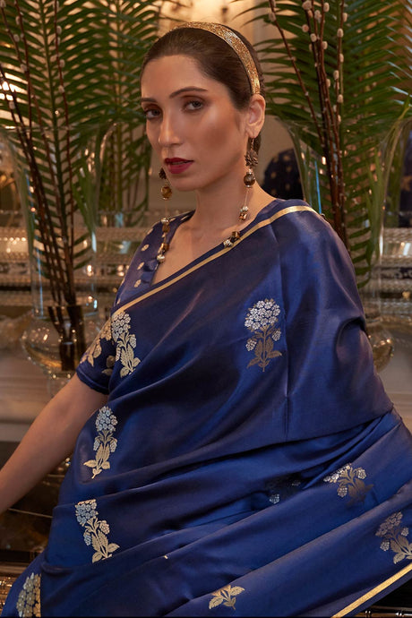 Dark-Blue Satin Weaving Art Silk Saree
