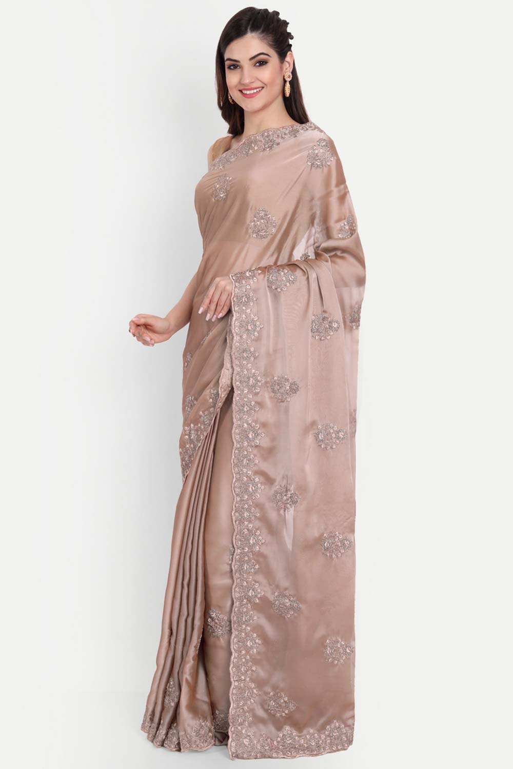 Brown Art Silk Self Zari Embroidered Saree