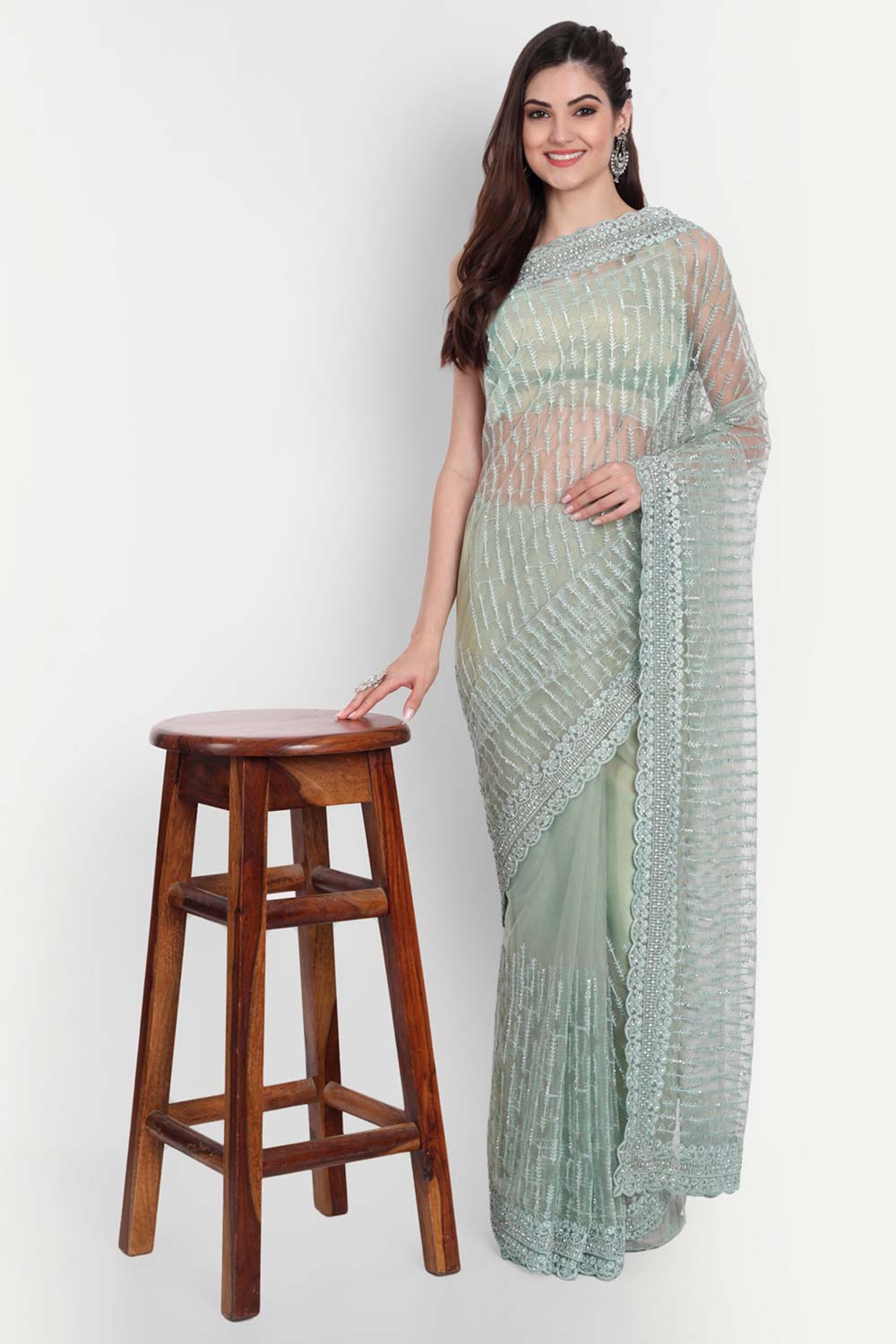 Green Net Thread Embroidered Saree