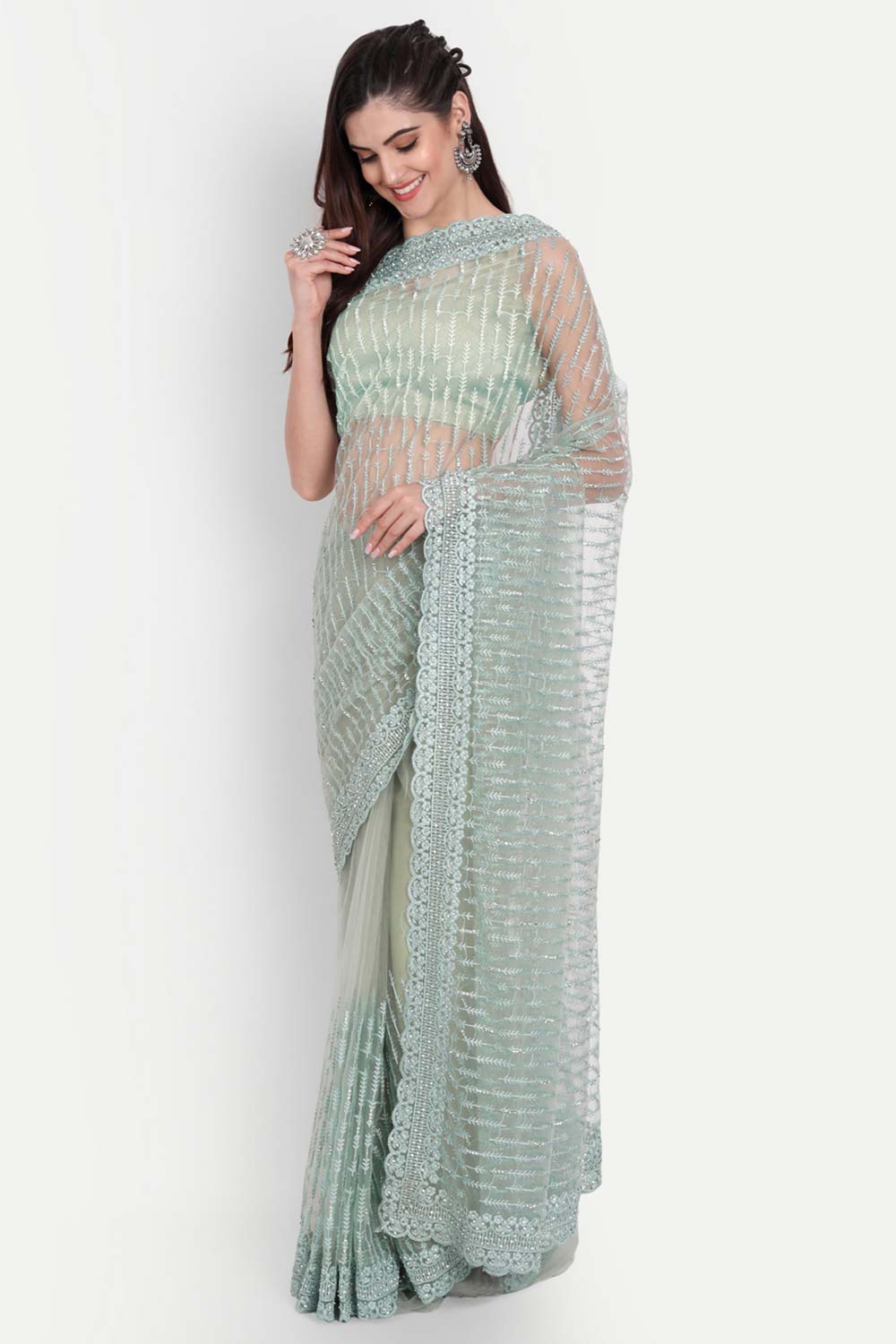 Green Net Thread Embroidered Saree