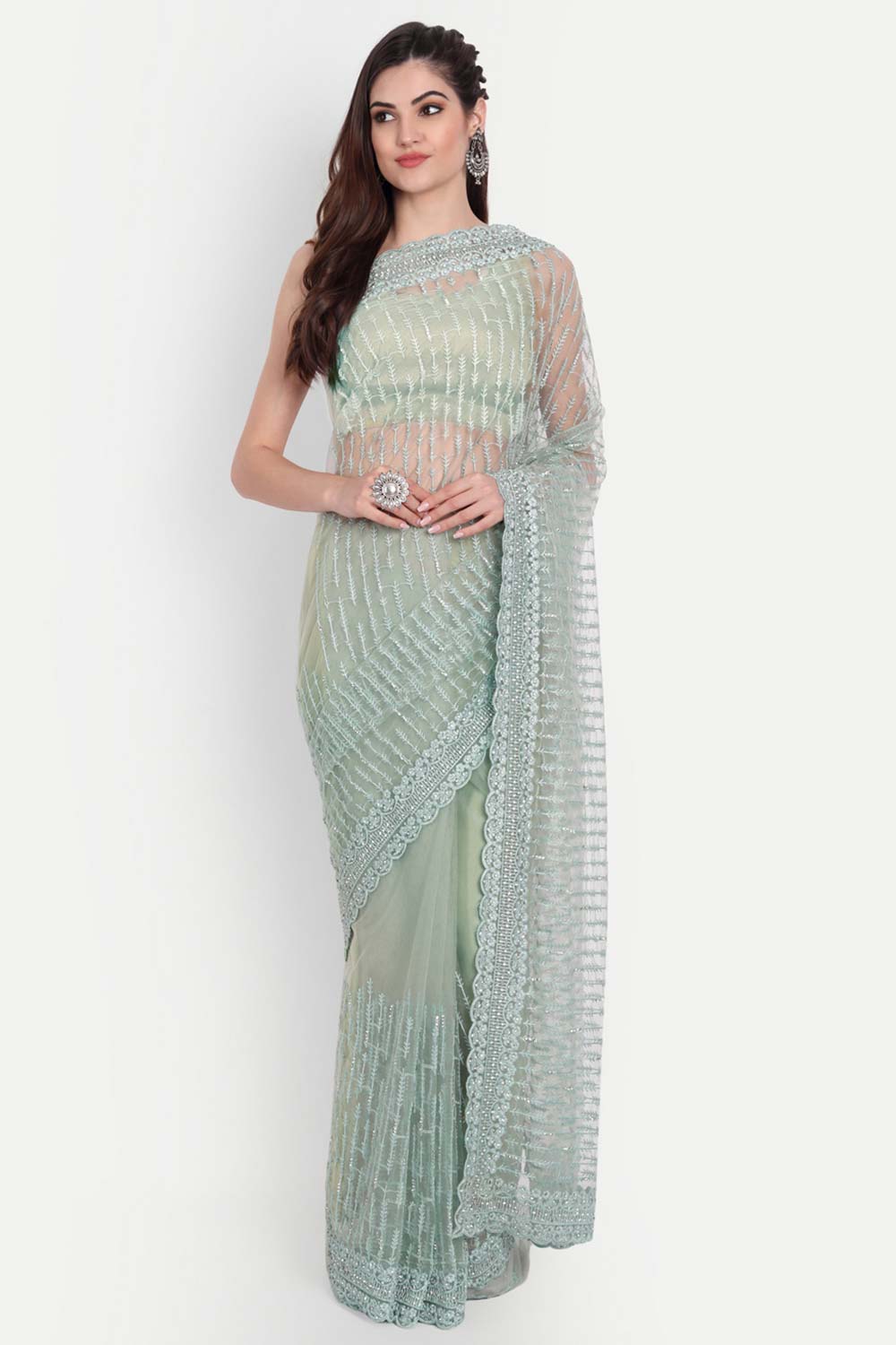 Green Net Thread Embroidered Saree