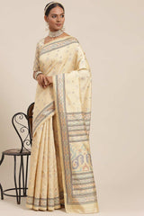 Beige Bhagalpuri Silk Abstract Printed Ikat Saree