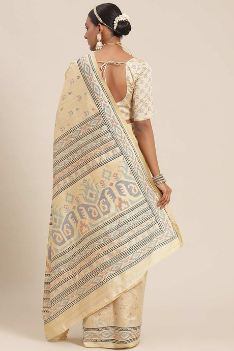 Beige Bhagalpuri Silk Abstract Printed Ikat Saree