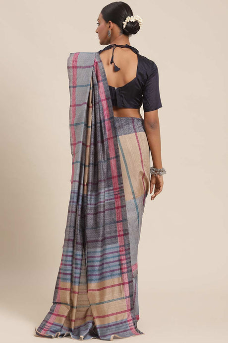 Blue Bhagalpuri Silk Striped Printed Taant Saree