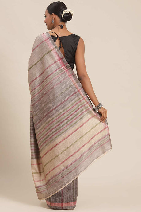 Beige Bhagalpuri Silk Striped Printed Taant Saree