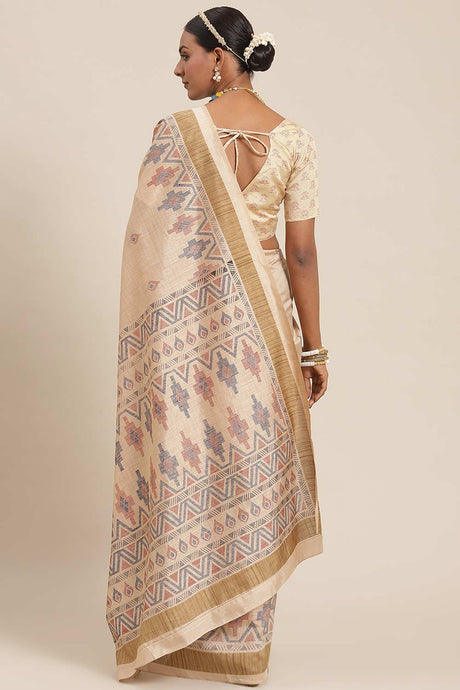Beige Bhagalpuri Silk Geometric Printed Ikat Saree