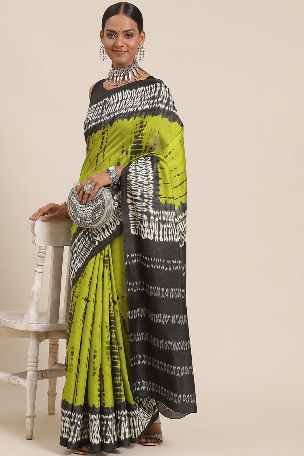 Olive Bhagalpuri Silk Tie Dye Block Printed Saree