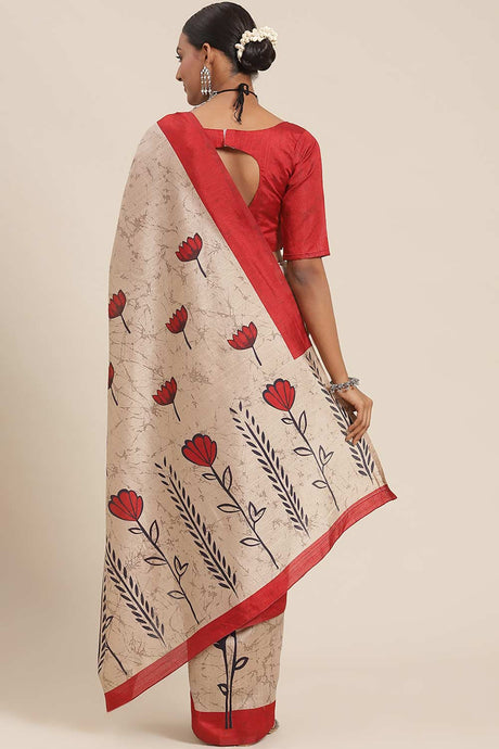 Beige Bhagalpuri Silk Ikat Printed Ikat Saree