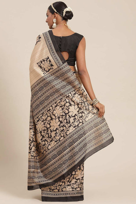 Beige Bhagalpuri Silk Floral Printed Bagh Saree