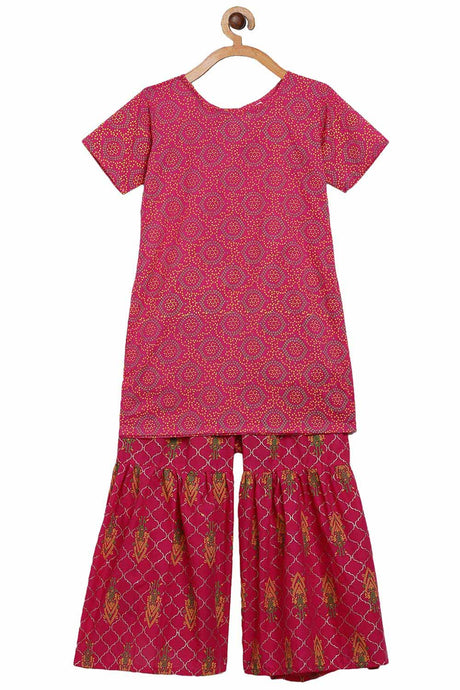 Buy Girl Cotton Printed Kurta Set in Red Online - Front