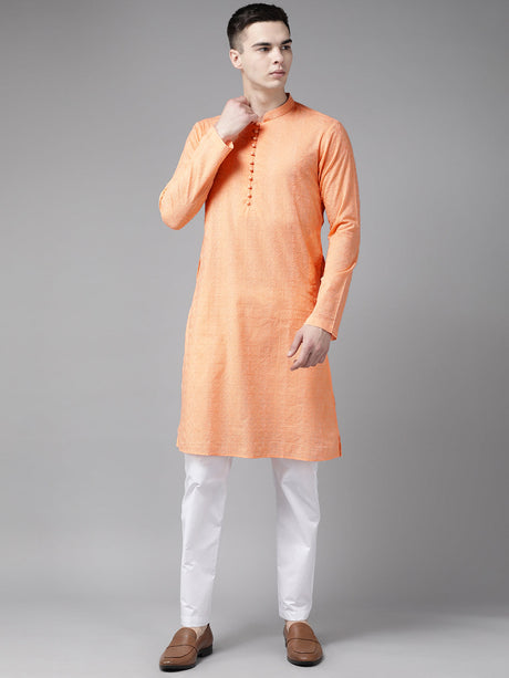 Buy Men's Peach Pure Cotton Chikankari Embroidered Kurta Pajama Set Online - Back