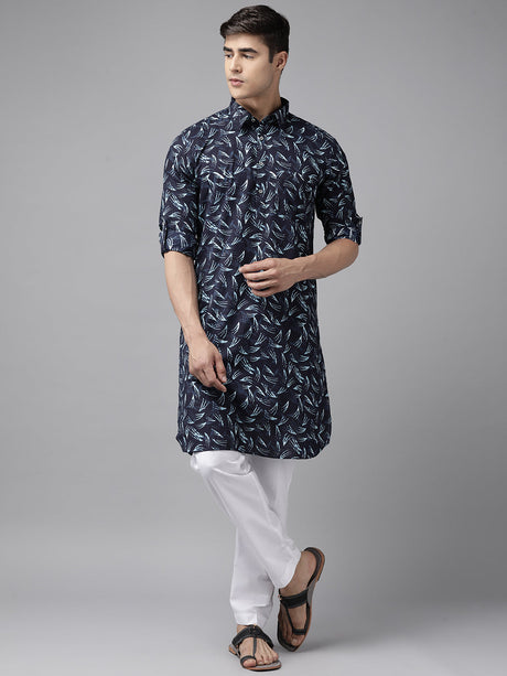 Buy Men's Indigo Pure Cotton Printed Pathani Set Online - Back