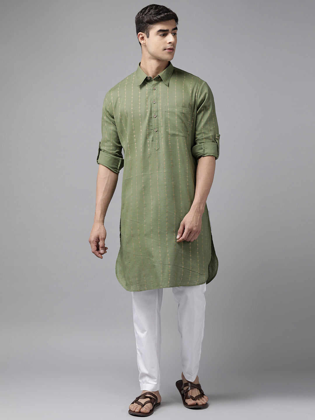 Buy Men's Olive Pure Cotton Printed Pathani Set Online - Back