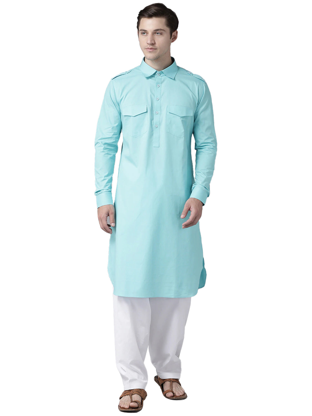 Buy Men's Sea Green Cotton Solid Pathani Set Online - Back