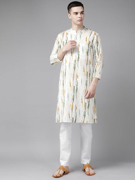Buy Men's White Pure Cotton Tie And Dye Print Kurta Pajama Set Online - Back