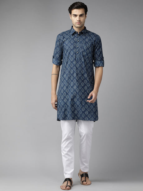Buy Men's Indigo Pure Cotton Ikat Printed Pathani Set Online - Back