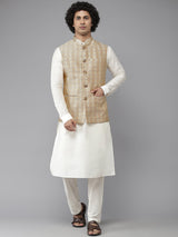 Buy Men's Off-White Silk Jacquard Woven Design Kurta Pajama Jacket Set Online - Side