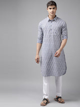 Buy Men's Light Grey Pure Cotton Chevron Printed Pathani Set Online - Back