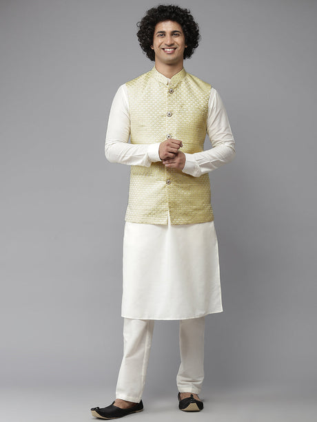 Buy Men's Yellow Art Silk Jacquard Woven Design Nehru Jacket Online - Back
