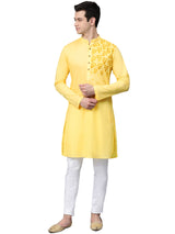 Buy Men's Yellow Cotton Thread Embroidered Kurta Pajama Set Online - Side