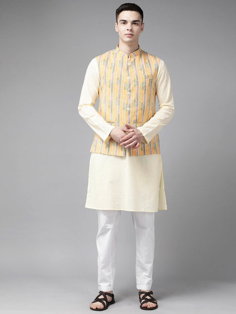 Buy Men's Yellow Pure Cotton Printed Kurta Pajama Jacket Set Online - Zoom In