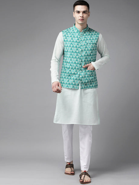 Buy Men's Pista Pure Cotton Printed Kurta Pajama Jacket Set Online