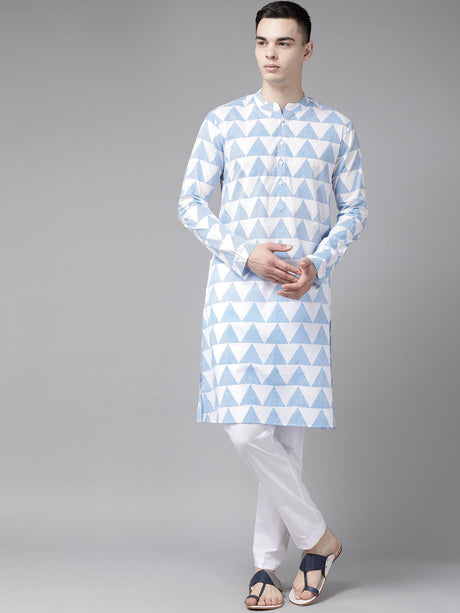Buy Men's White Pure Cotton Printed Kurta Pajama Set Online - Back