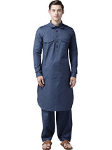 Buy Men's Navy Blue Cotton Solid Pathani Set Online - Back
