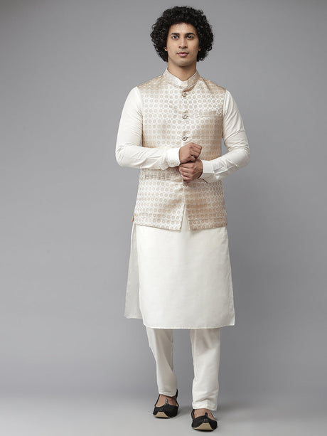 Buy Men's Gold Art Silk Jacquard Woven Design Nehru Jacket Online - Side