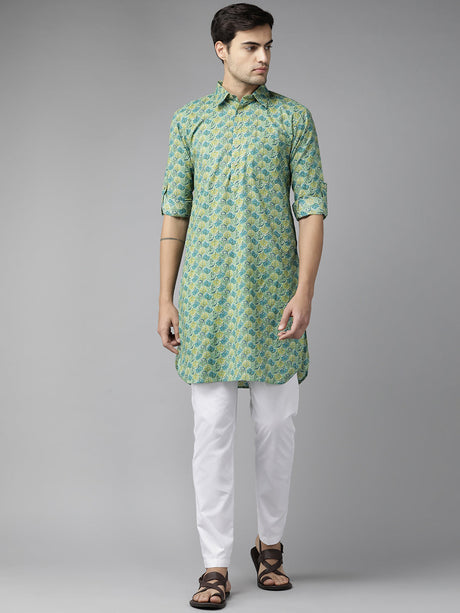 Buy Men's Green Pure Cotton Motif Printed Pathani Set Online - Back