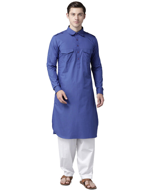 Buy Men's Royal Blue Cotton Solid Pathani Set Online - Zoom In