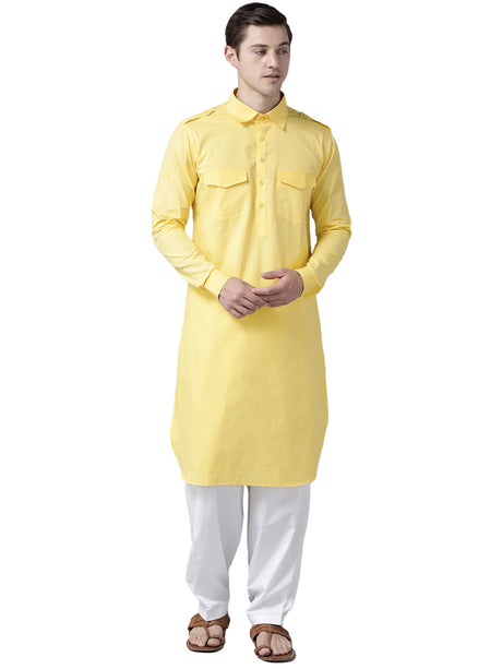 Buy Men's Yellow Cotton Solid Pathani Set Online - Back