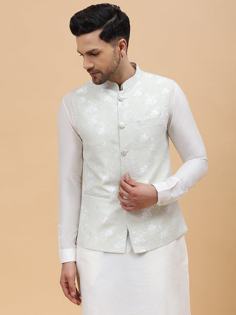 Buy Men's Green Art Silk Jacquard Woven Design Nehru Jacket Online - Back