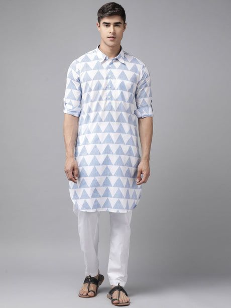 Buy Men's White Pure Cotton Chevron Printed Pathani Set Online