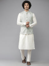 Buy Men's Off-White Silk Jacquard Woven Design Kurta Pajama Jacket Set Online - Side