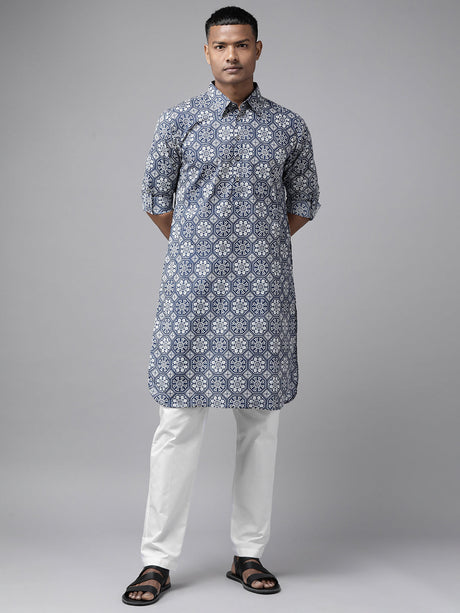 Buy Men's Indigo Pure Cotton Floral Printed Pathani Set Online - Back