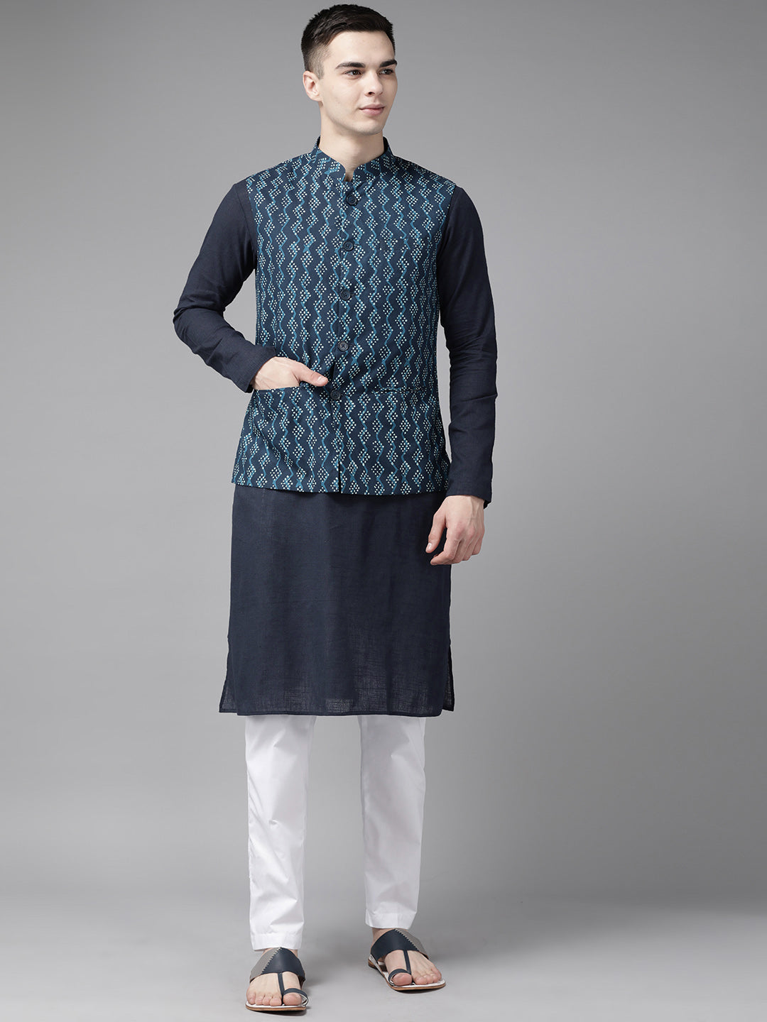 Buy Men's Blue Pure Cotton Printed Nehru Jacket Online - Back