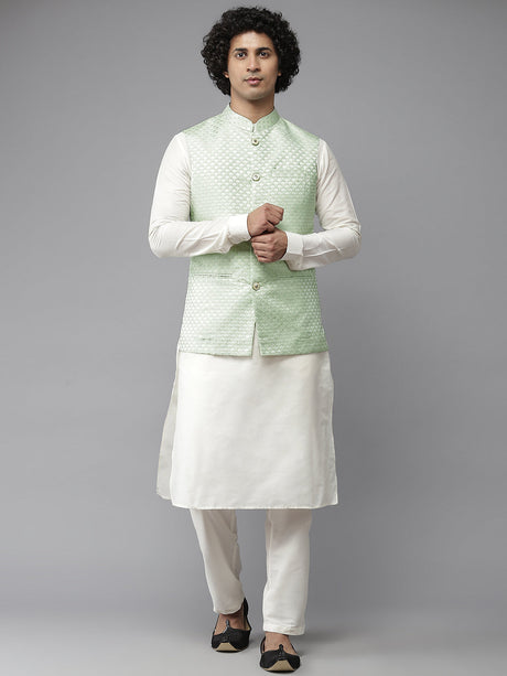 Buy Men's Off-White Silk Jacquard Woven Design Kurta Pajama Jacket Set Online - Back