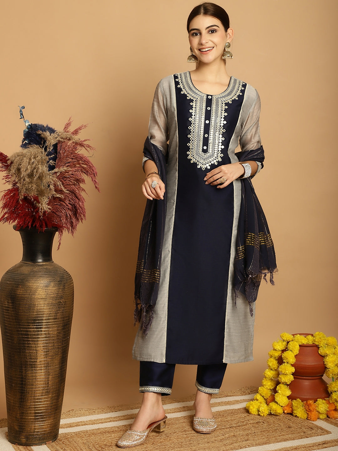 Grey  Chanderi Printed Kurta Set