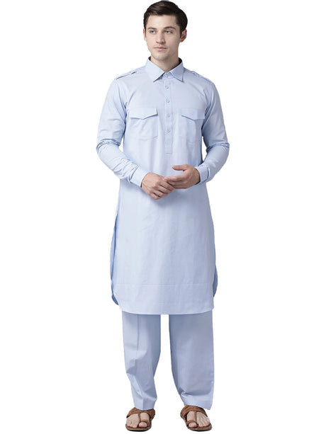 Buy Men's Sky Blue Cotton Solid Pathani Set Online - Back