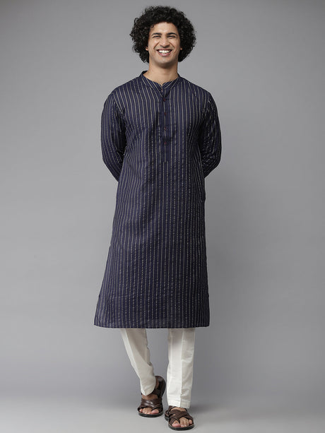 Buy Men's Blue Pure Cotton Woven Design Kurta Pajama Set Online - Back