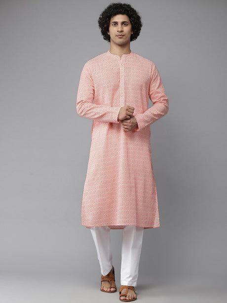 Buy Men's Peach Pure Cotton Printed Kurta Pajama Set Online - Back