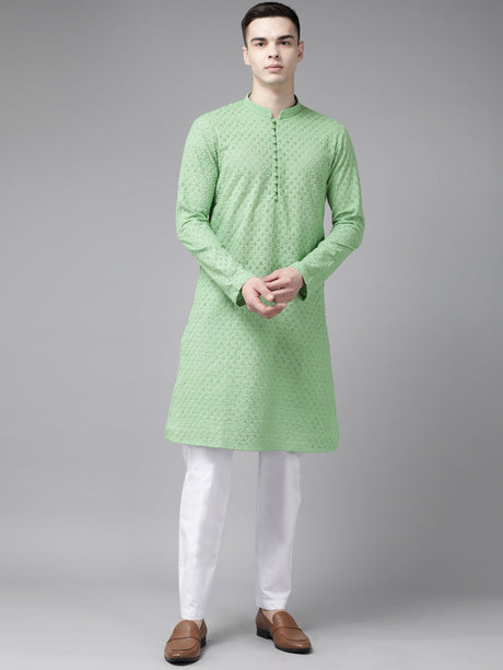 Buy Men's Green Cotton Chikankari Embroidered Straight Kurta Online